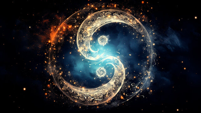 Symbol of yin - yang in the starry sky, stars in the sky in the ancient symbol of balance in the universe. Generative AI