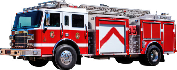 Red modern fire truck with detailed equipment isolated on transparent background. Emergency response concept. Design for safety campaigns, posters, educational materials