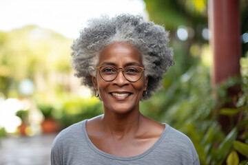 Close up portrait of kind black senior woman smiling at camera at home, generative ai