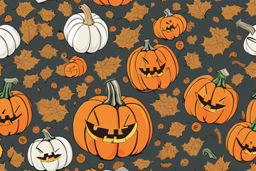 Vector pattern with pumpkin 
against the background of yellow dry autumn leaves
for halloween party and clothing, fabric, textile, paper,  notepad, school notebook.