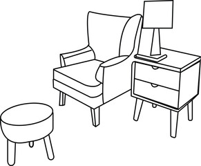 Top view of set furniture elements outline symbol for bedroom, kitchen, dining room and living room. Interior icon bed, chair, table and sofa.