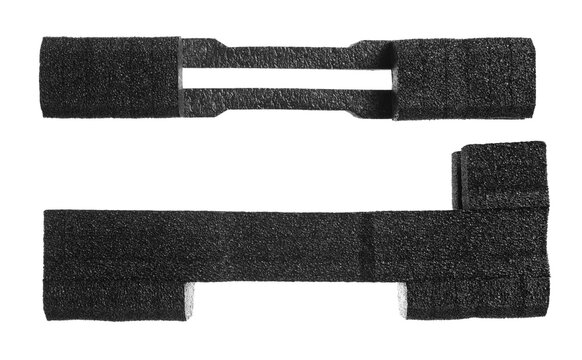 Black foamy styrofoam for packaging wrapping material, lap top, isolated on white, clipping path