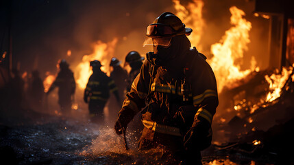 Naklejka premium firefighters fighting fire, climate emergency, Drones try to put out a large wood fire