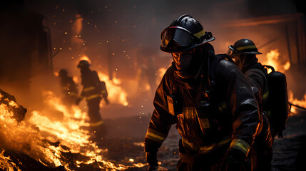 Fototapeta premium firefighters fighting fire, climate emergency, Drones try to put out a large wood fire