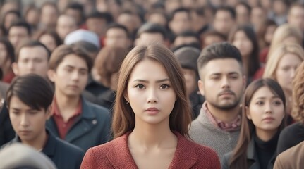 Obraz premium group of people, A woman among a sea of people standing out from the crowd and addressing the camera | AI-GENERATED 