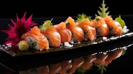 Image of fresh and appetizing sushi rolls with juicy salmon.