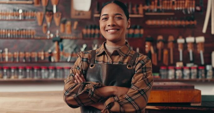 Leather Work, Portrait Of Woman In Workshop With Tools And Manufacturing Of Unique Textile Product. Smile, Small Business Owner And Girl At Factory With Confidence, Pride And Happy At Repair Service.