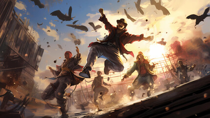 A group of Pirates jumping out of the pirate boat