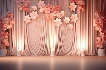Stage with cherry blossom flowers and pink curtains.