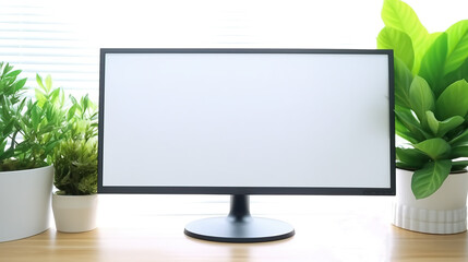 Computer monitor on a white wooden table in office. 