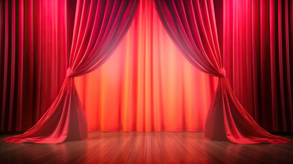 Red stage curtain on background of brown surtain illuminated by spotlights.