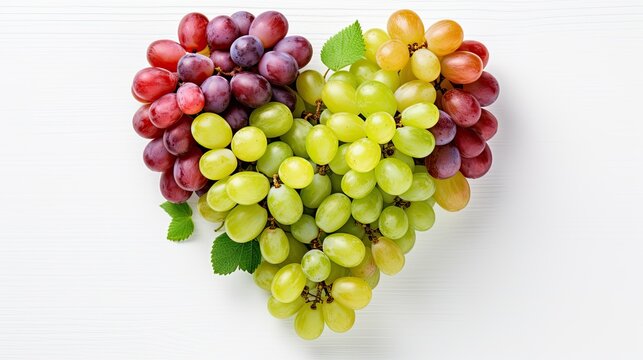 Image of a bunch of red and green grapes in the shape of a heart.
