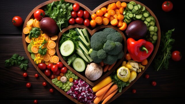 Healthy vegetable food image with heart bowl.