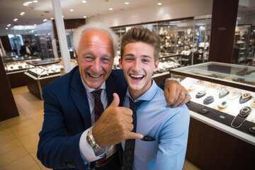 Fototapeta na wymiar Happy Old wealthy man posing with his grandson at his business Jewelry store taking a selfie looking at the camera