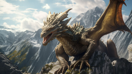 A mighty fantasy dragon sitting on a rock with mountains in the background