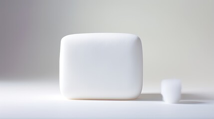 A single marshmallow is delicately placed on a clean white surface.