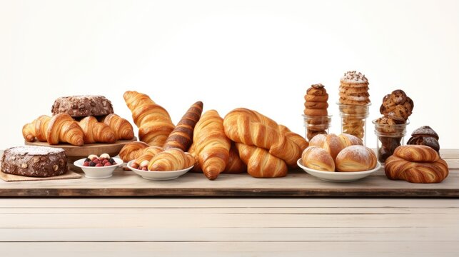 An image of a bakery window displaying an assortment of freshly baked croissants.