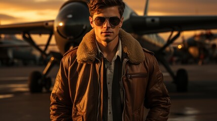 Aviator in a bomber jacket with pilot goggles. - obrazy, fototapety, plakaty