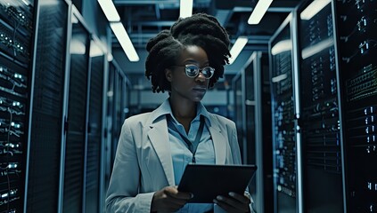 A dedicated woman working in a modern technology center, ensuring secure data management and information technology solutions.