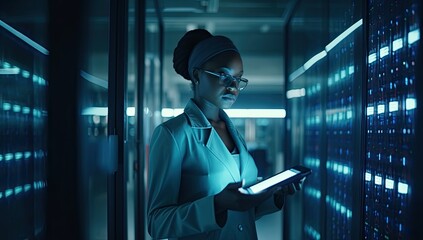 A dedicated female technology professional working in a data center, managing servers, and ensuring secure data storage and connectivity.