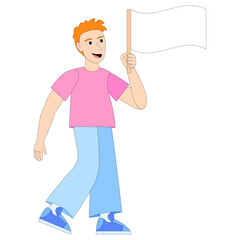 Young man holding flag. Boy waving a flag and smiling. Concept of achievement. Making announcement, calling for attention. Advertising campaign