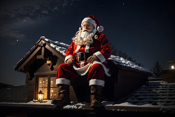 Naklejka premium Santa Claus sitting on the roof at Christmas night at winter