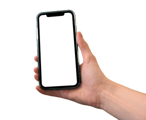 Mockup of a hand holding smartphone. Social media promotion. Advertising on a phone screen. Device display front view. 3D mobile phone. Cell phone