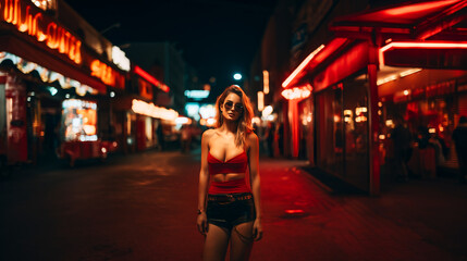 Stunning Girl in Sunglasses  in Red City Lights