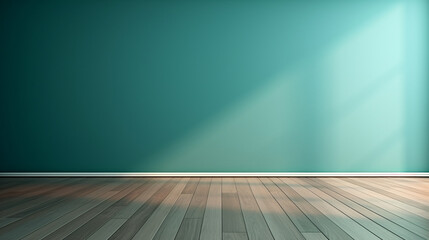 Blue turquoise empty background with wooden floor with interesting glare from the window. Interior background for the presentation. copy space