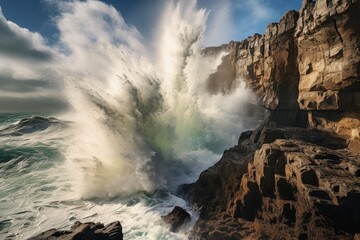 large waves crashing on ocean cliff. Cliffs of Moher
