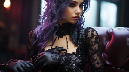 Gothic individual in a black corset and lace gloves. - obrazy, fototapety, plakaty