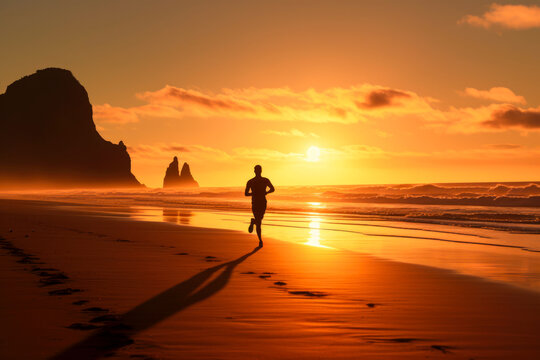 Silhouette of a man running at sunset on the beach.