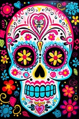 Colorful sugar skull art for Mexican celebration of Day of the Dead. The holiday skull, head is painted with colorful flowers, swirls, and shapes for visual impact. Death festivity.