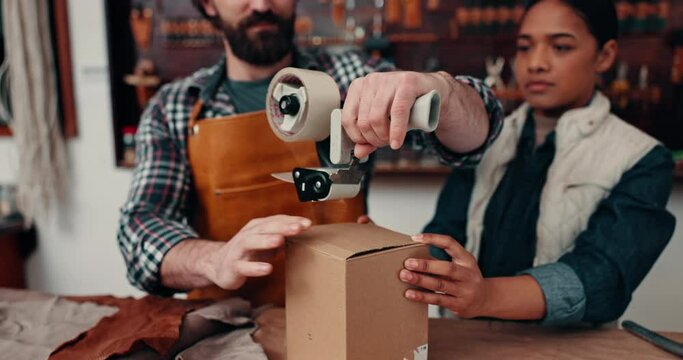 Packing, leather and people with box at a shop for an export, manufacturing or service together. Small business, retail and a man, woman or employees with cargo from production for a gift or shipping
