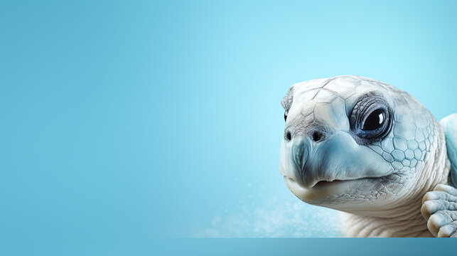 text space for advertising with funny part as portrait of a turtle peeking over a colored panal