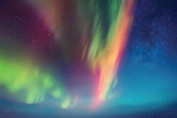Fototapeta na wymiar Purple green aurora borealis. Bright polar lights in night starry sky