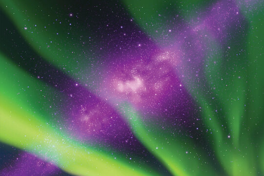 Colorful polar lights. Purple green aurora borealis. Night starry sky