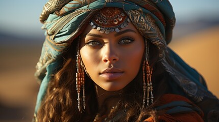 Obraz premium Nomad in traditional tribal wear with intricate beadwork.