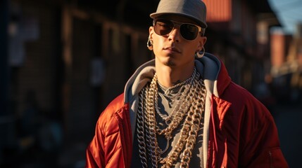 Rapper in oversized gold chains and a baseball jersey. - obrazy, fototapety, plakaty