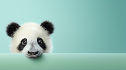 text space for advertising with funny part as portrait of a cute panda peeking over a colored panal