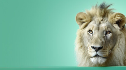 text space for advertising with funny  portrait of lion peeking over a colored panal