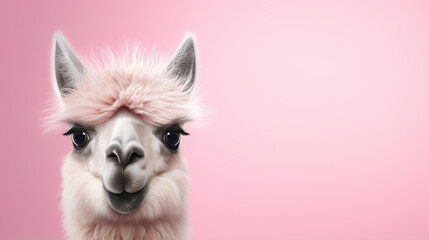 Naklejka premium text space for advertising with funny portrait of a llama peeking over a colored panal