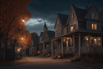 Obraz premium Small town american street during Halloween night