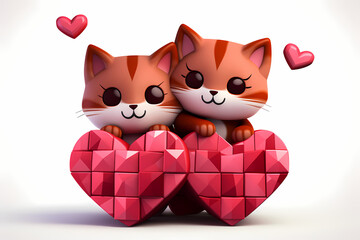 Two cute ginger cats holding a red heart each on a white background