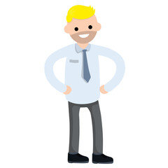 Businessman in suit. Man gestures hand. Office worker. happy Employee of company stands in pose. Funny guy in tie. Cartoon flat illustration