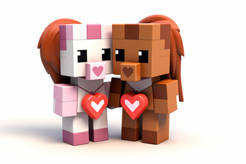 Two cute ponies holding hearts in block style on a white background