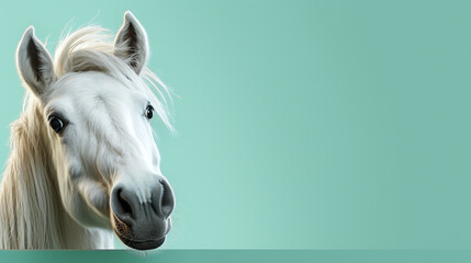 text space for advertising with funny part as portrait of a horse peeking over a colored panal