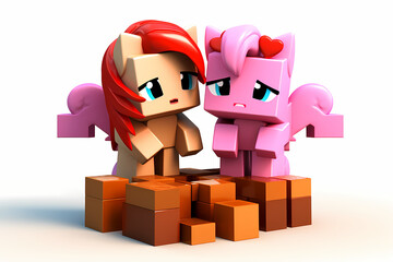 Obraz premium Two ponies pink and brown stood on block bricks on a white background, block-style