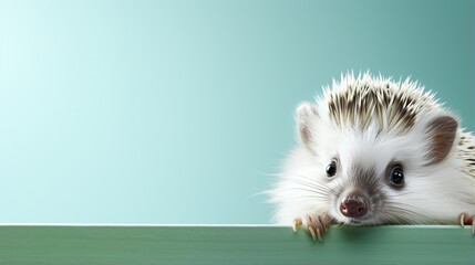 text space for advertising with funny part as portrait of a hedgehog peeking over a colored panal