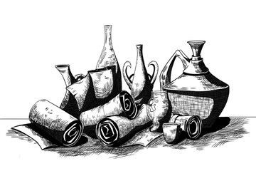 still life with jugs and scrolls, black and white sketch